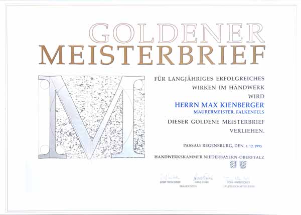 Goldener Meisterbrief für Max Kienberger von der Baufirma Kienberger