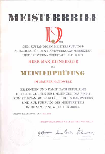 Historischer Meisterbrief von Max Kienberger aus dem Jahr 1979